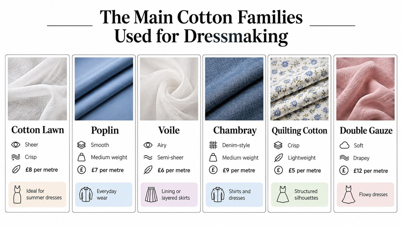An infographic detailing six types of cotton fabrics for dressmaking, including price and suggested garment uses.