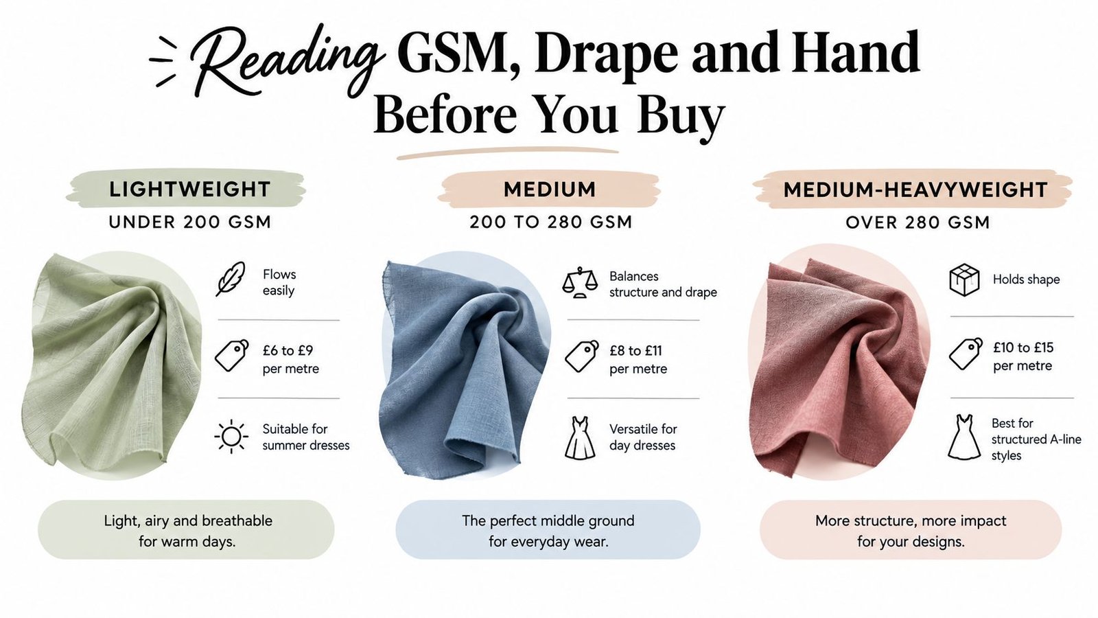 A fabric weight guide showing GSM, drape, and hand characteristics for lightweight, medium, and medium-heavy fabrics.