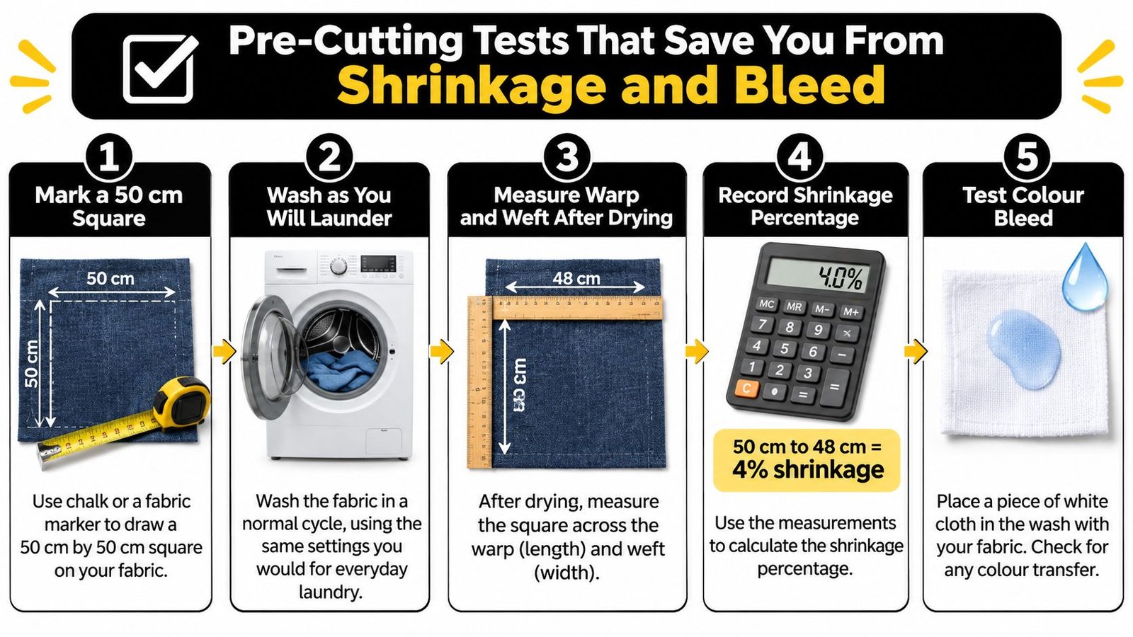 A five-step guide on how to perform pre-cutting tests for fabric shrinkage and color bleeding.