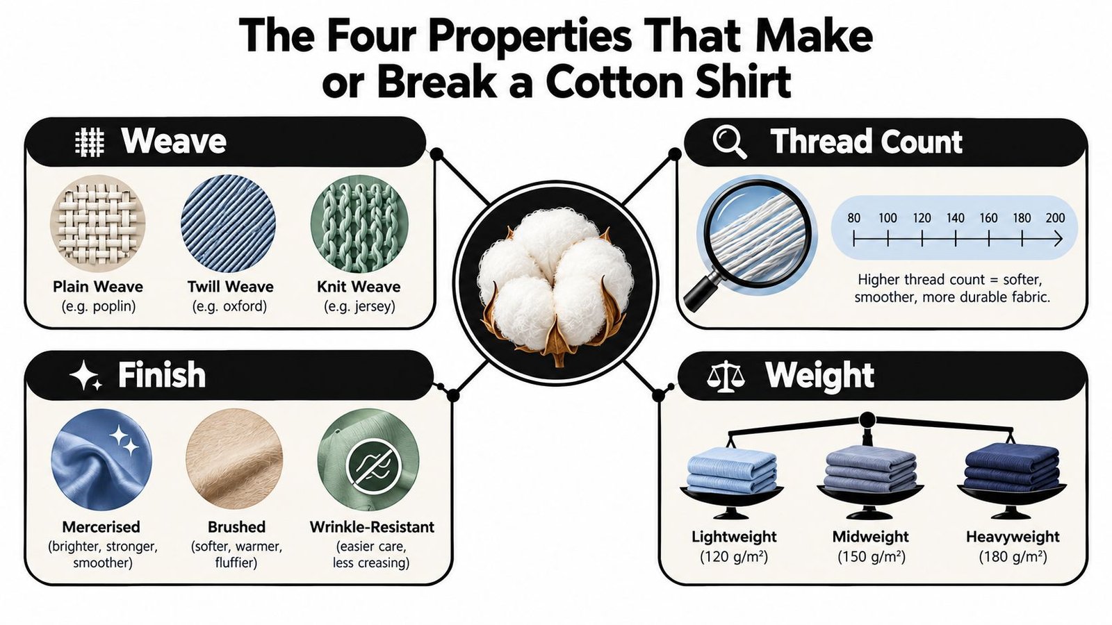 An infographic showing the four key properties of cotton shirts: weave, thread count, finish, and weight.