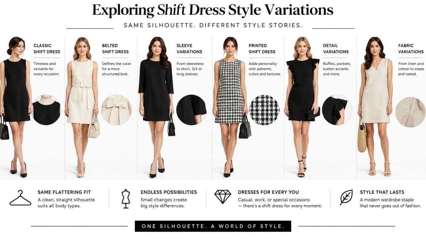 A fashion infographic displaying six different styling variations of a classic shift dress for women.