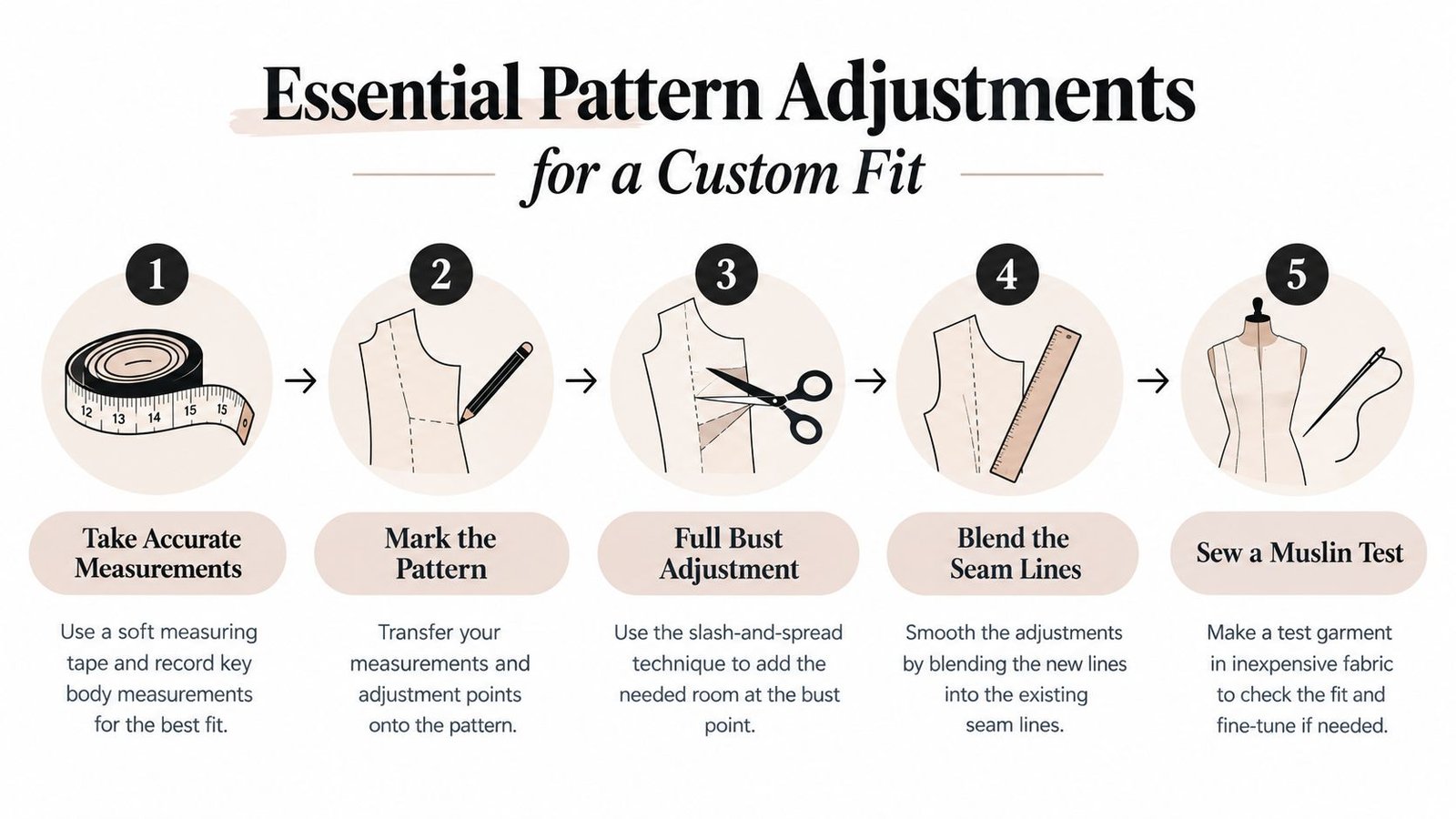 A five-step infographic showing how to perform essential sewing pattern adjustments for a custom garment fit.