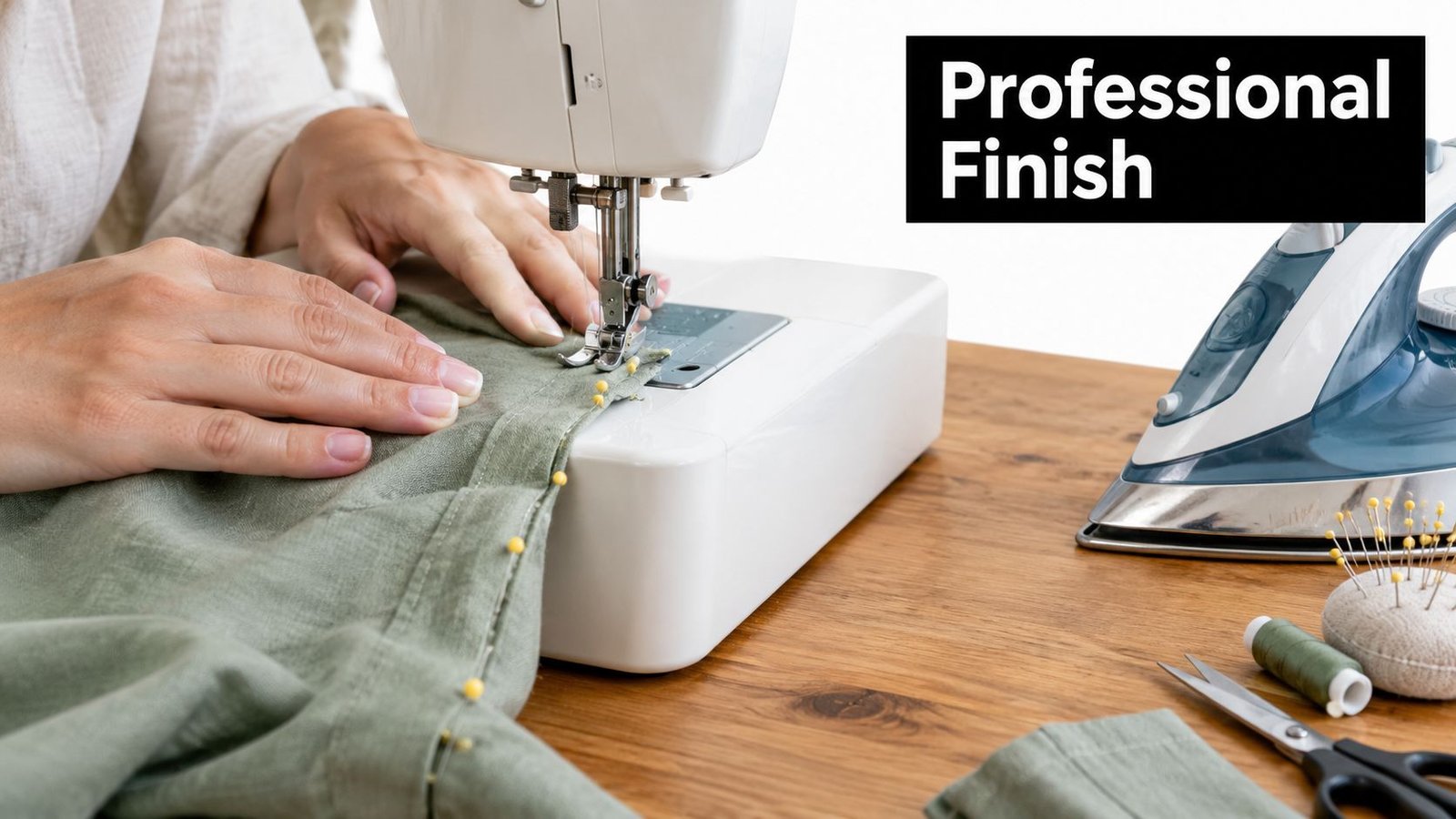 A person sewing olive green fabric on a sewing machine next to an iron and scissors.