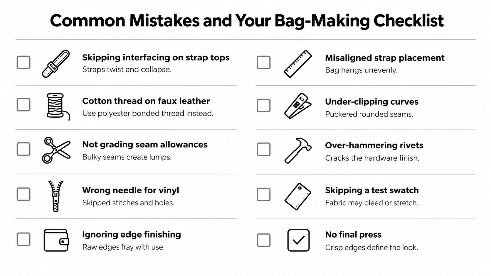 A checklist of common sewing and bag-making mistakes illustrated with icons and helpful professional tips.