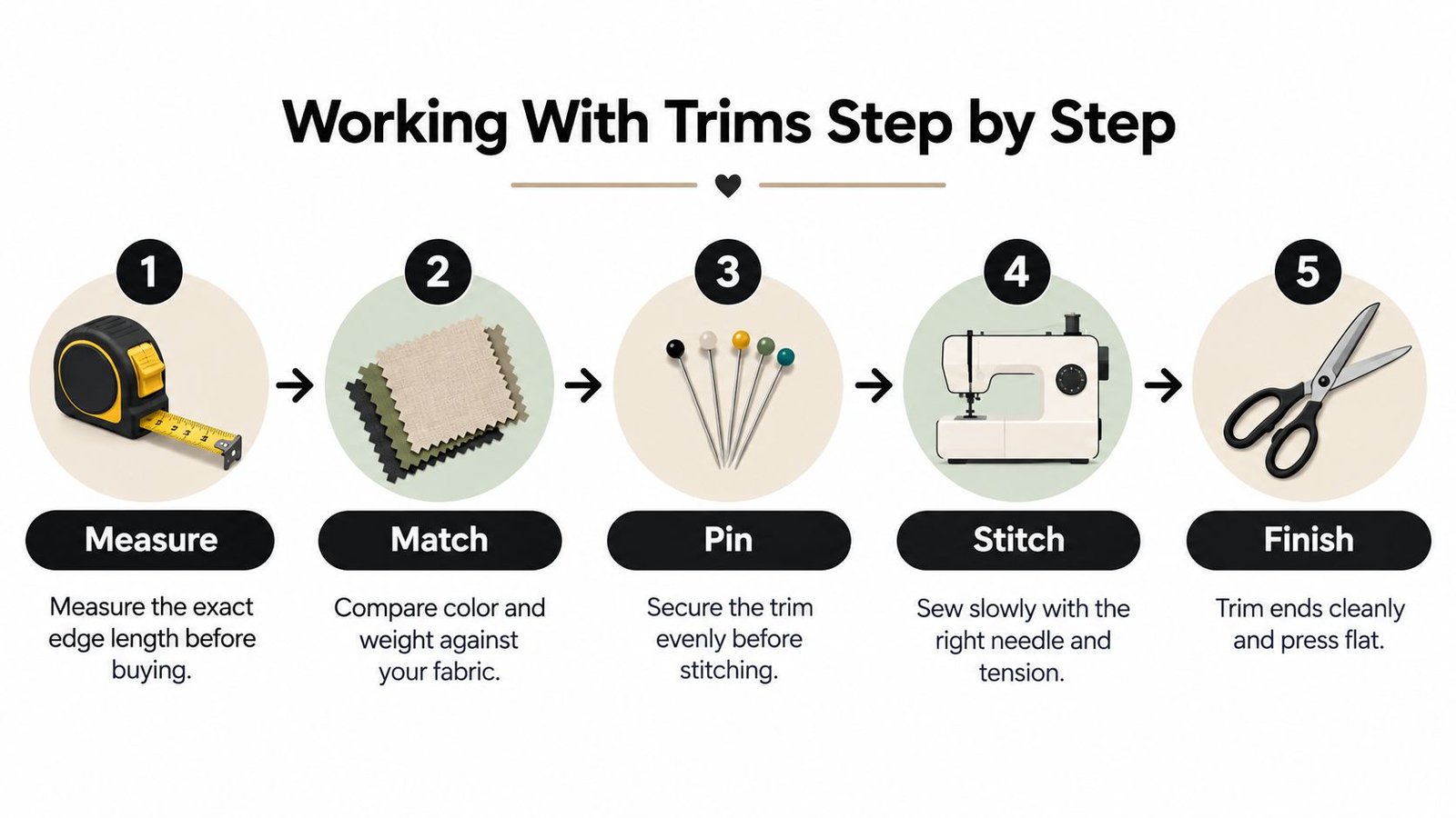 A five-step infographic showing how to work with clothing trims, from measuring to pinning and sewing.