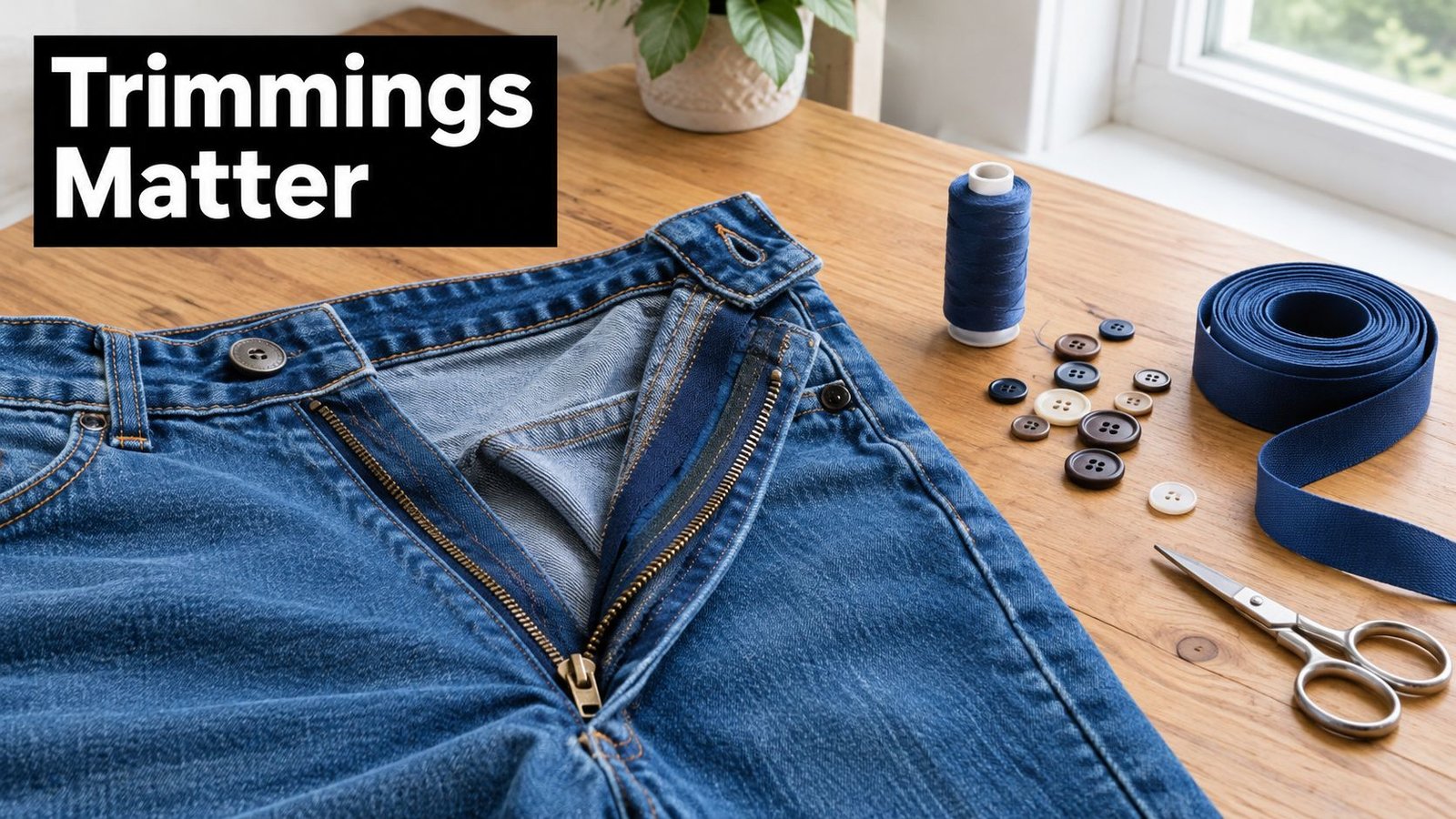 A pair of denim jeans with sewing supplies including blue thread, buttons, and scissors on a table.