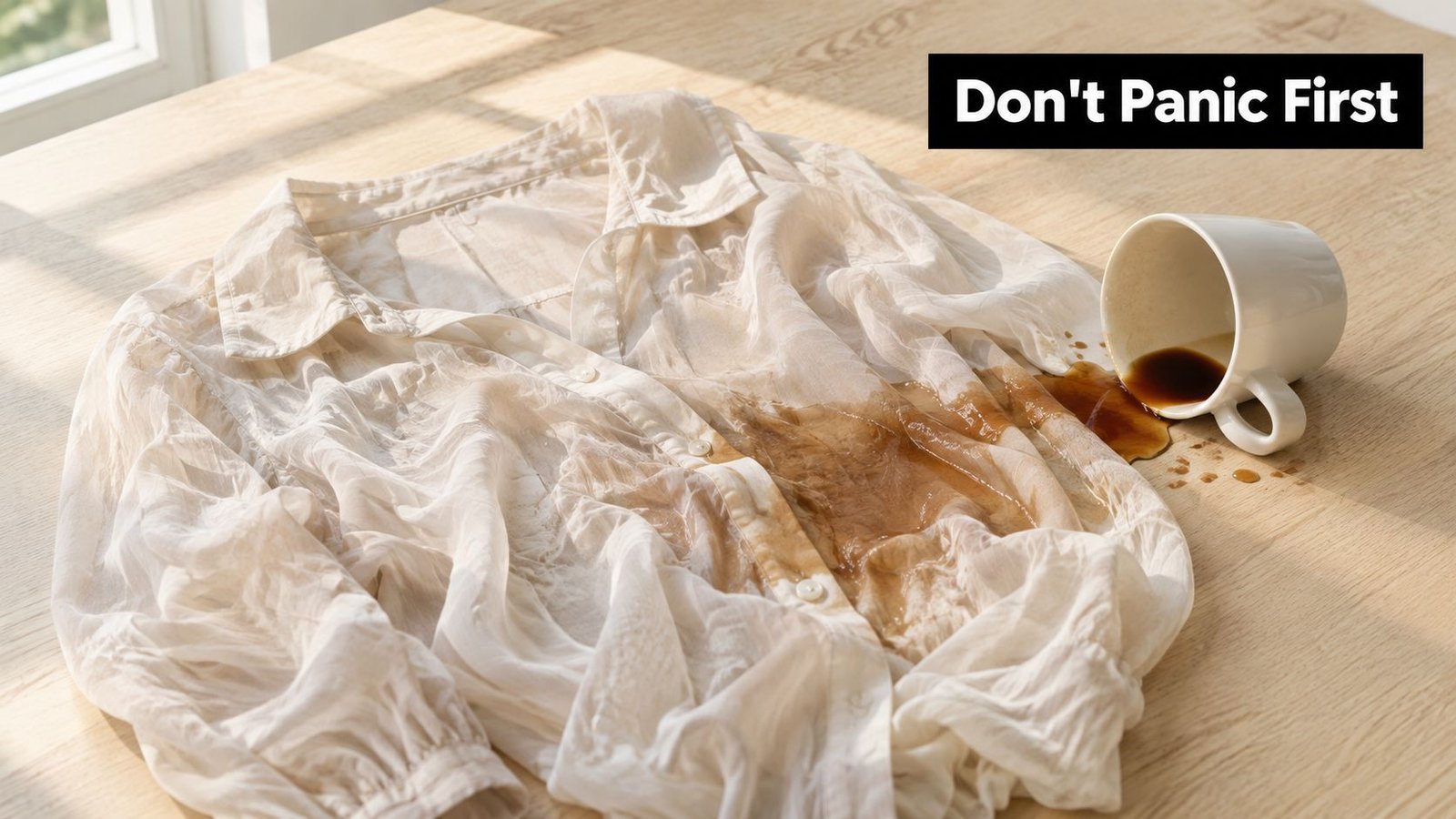 A white shirt stained with spilled coffee lying on a wooden table with a white mug.