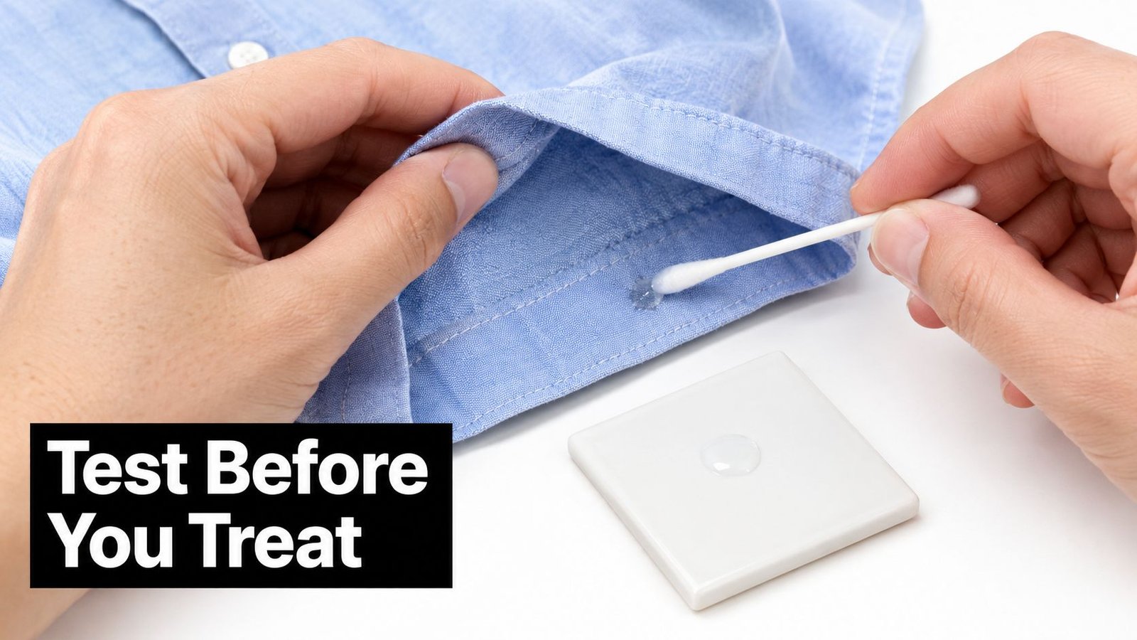 A person testing a cleaning solution on a small, inconspicuous area of a blue shirt collar.