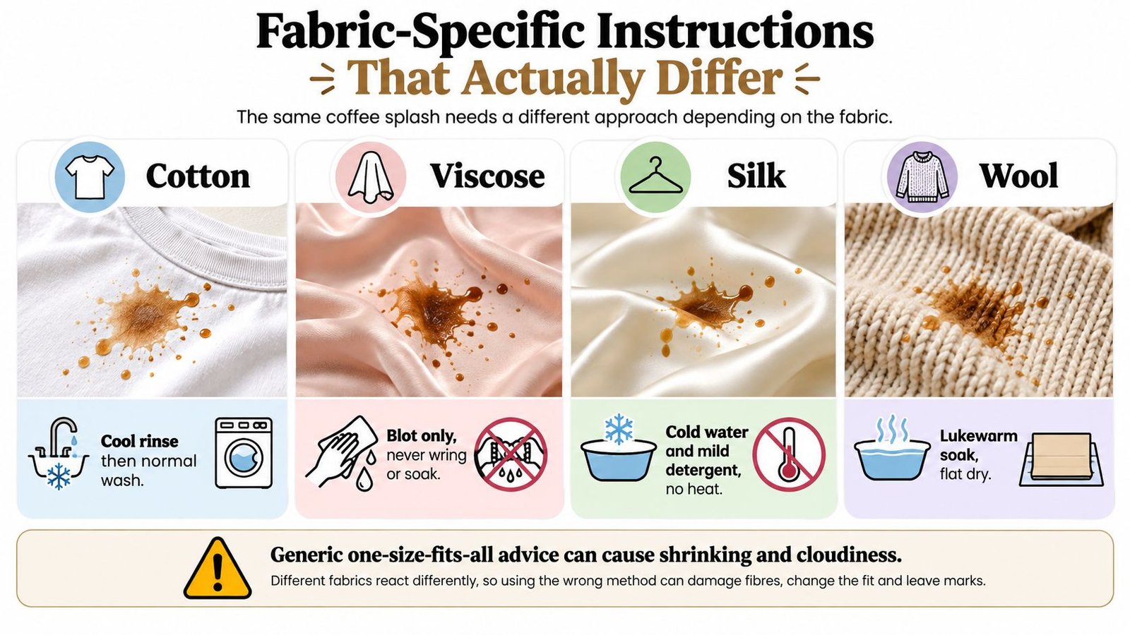 An infographic showing fabric-specific stain removal instructions for cotton, viscose, silk, and wool garments with helpful icons.