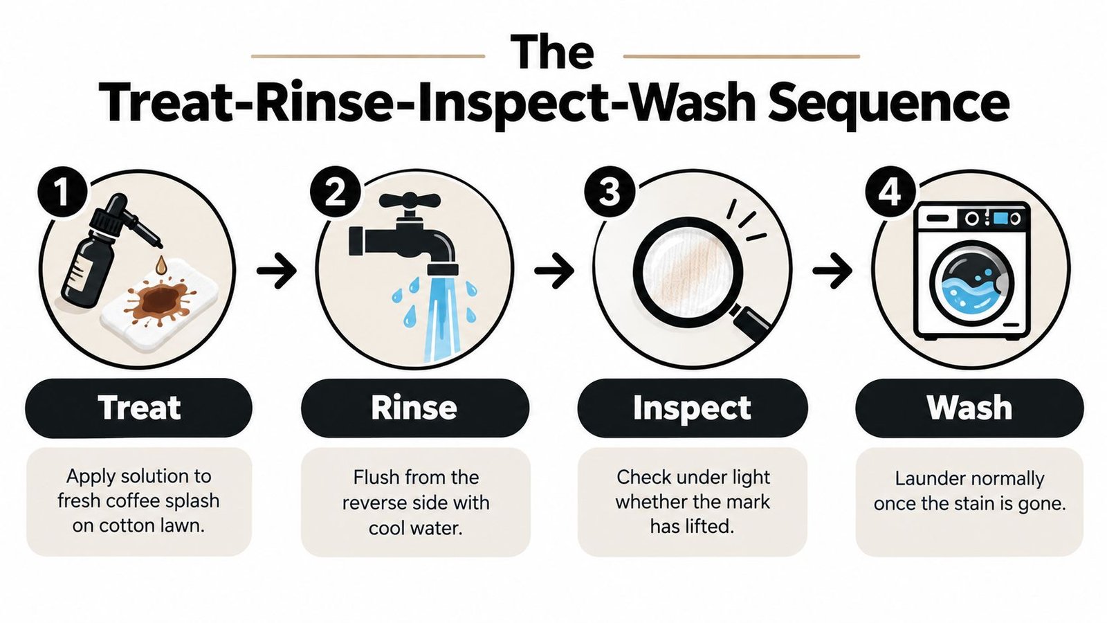 A four-step infographic illustrating how to remove coffee stains from cotton fabric by treating, rinsing, inspecting, and washing.