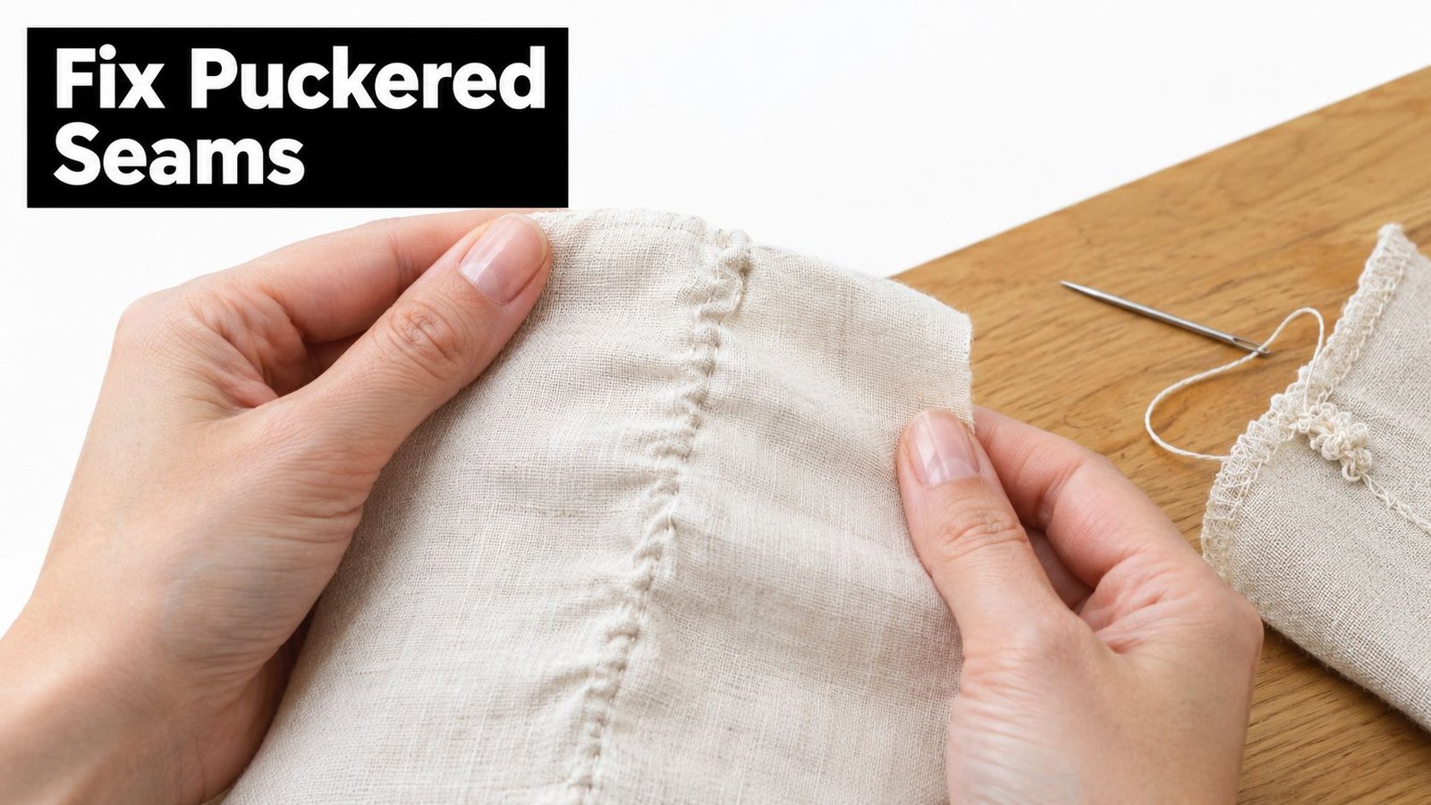 Close-up of hands holding puckered fabric with a sewing needle and thread on a wooden table.