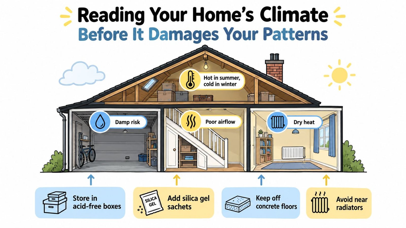 An educational illustration showing environmental risks to sewing patterns in a home and how to prevent them.