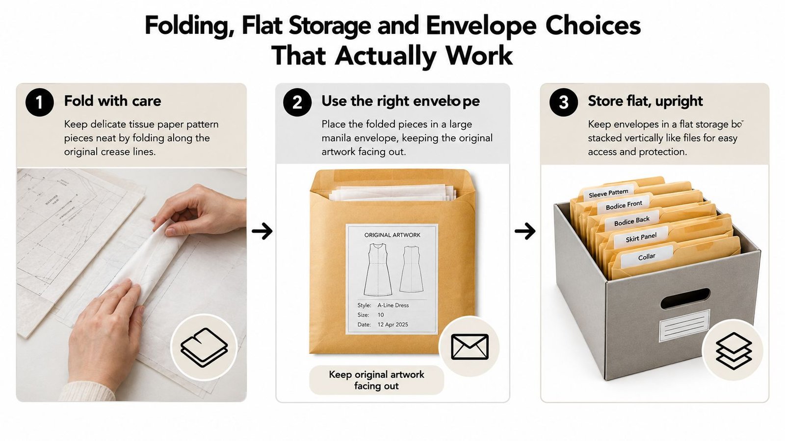 A three-step guide showing how to carefully fold, store in envelopes, and organize sewing patterns vertically.