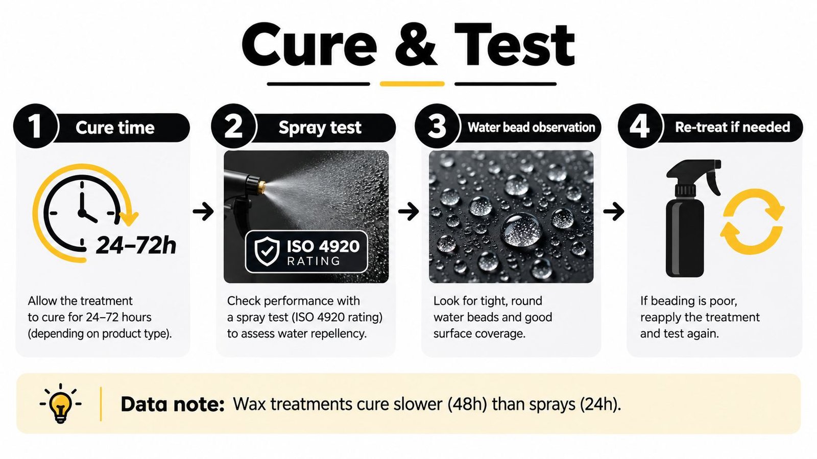A four-step infographic illustrating the cure and test process for water-repellent treatments on fabric surfaces.