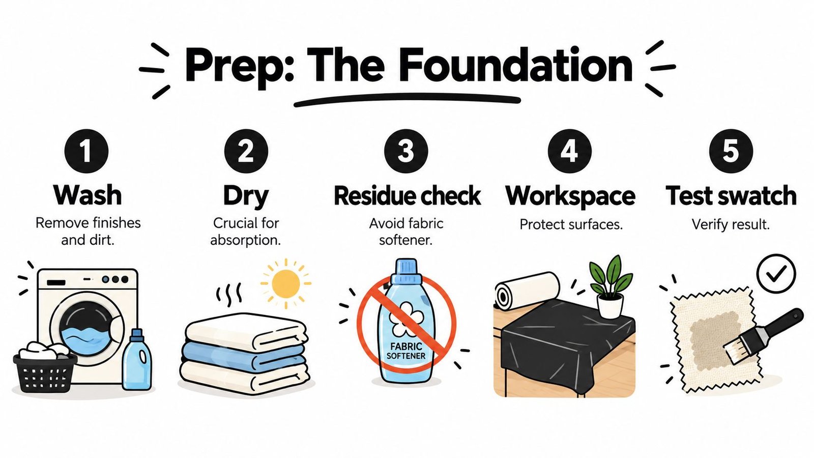An infographic showing five essential steps to prepare fabric for waterproofing, including washing, drying, and testing.