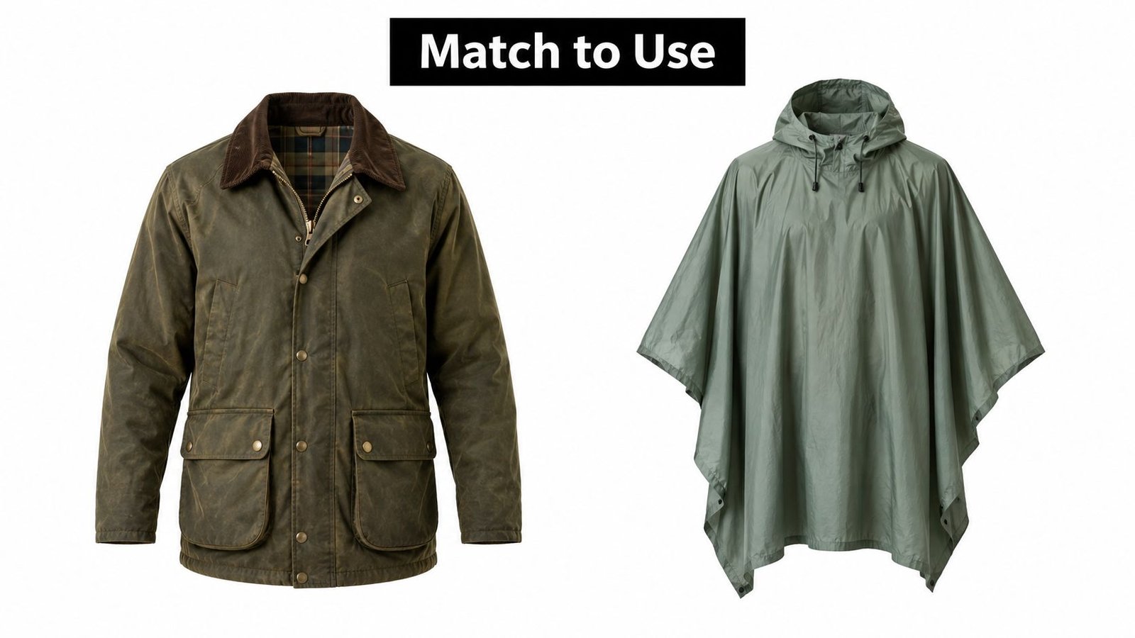A split image showing a waxed cotton jacket on the left and a green rain poncho on the right.