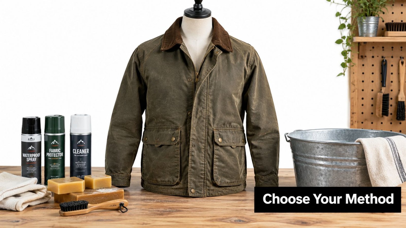 A wax jacket on a mannequin surrounded by cleaning and waterproofing supplies for maintaining outdoor fabric.