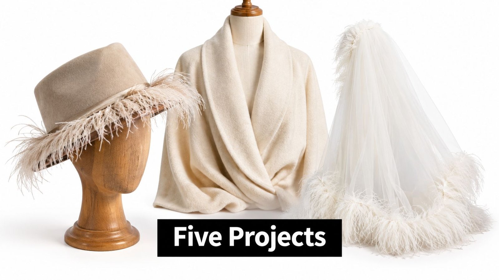 A beige felt hat, a white wrap, and a feathered bridal veil displayed on studio props.