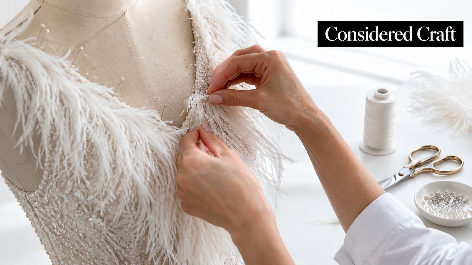 A fashion designer carefully pins delicate white ostrich feather trim onto a beaded dress on a mannequin.