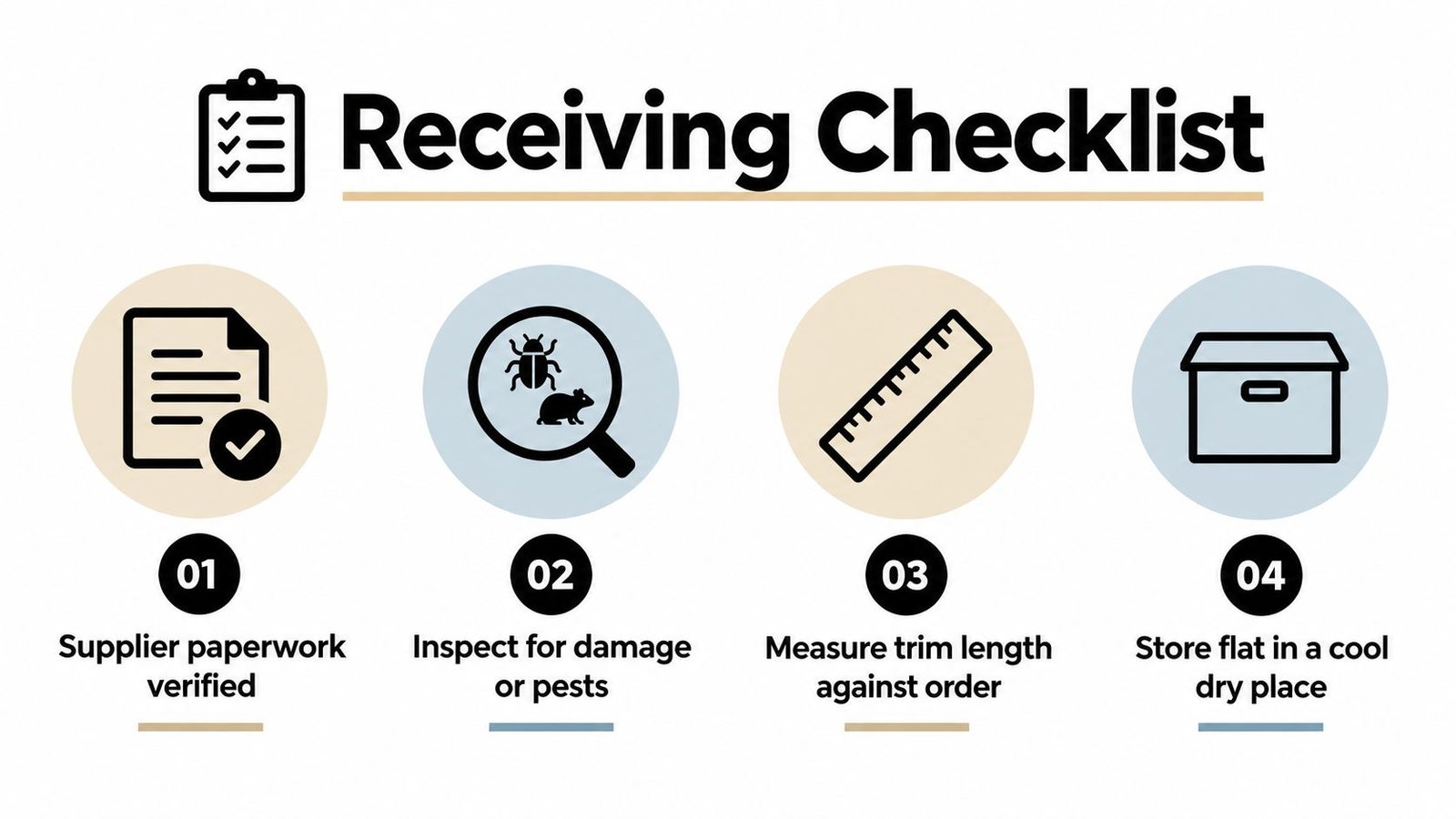 A four-step receiving checklist infographic for inspecting and storing ostrich feather trim deliveries correctly.