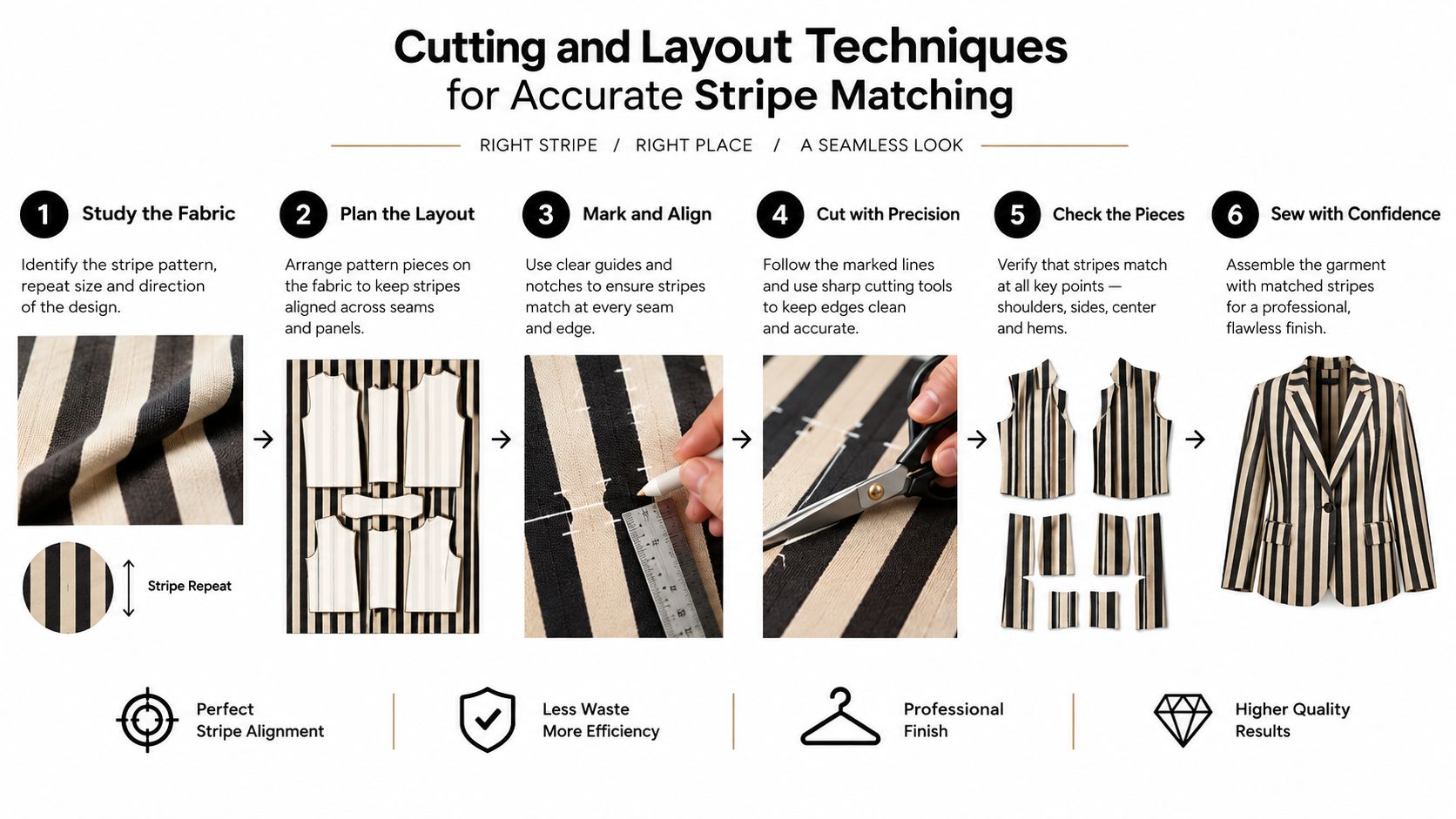 A six-step infographic guide demonstrating professional cutting and layout techniques for accurate stripe matching on fabric.
