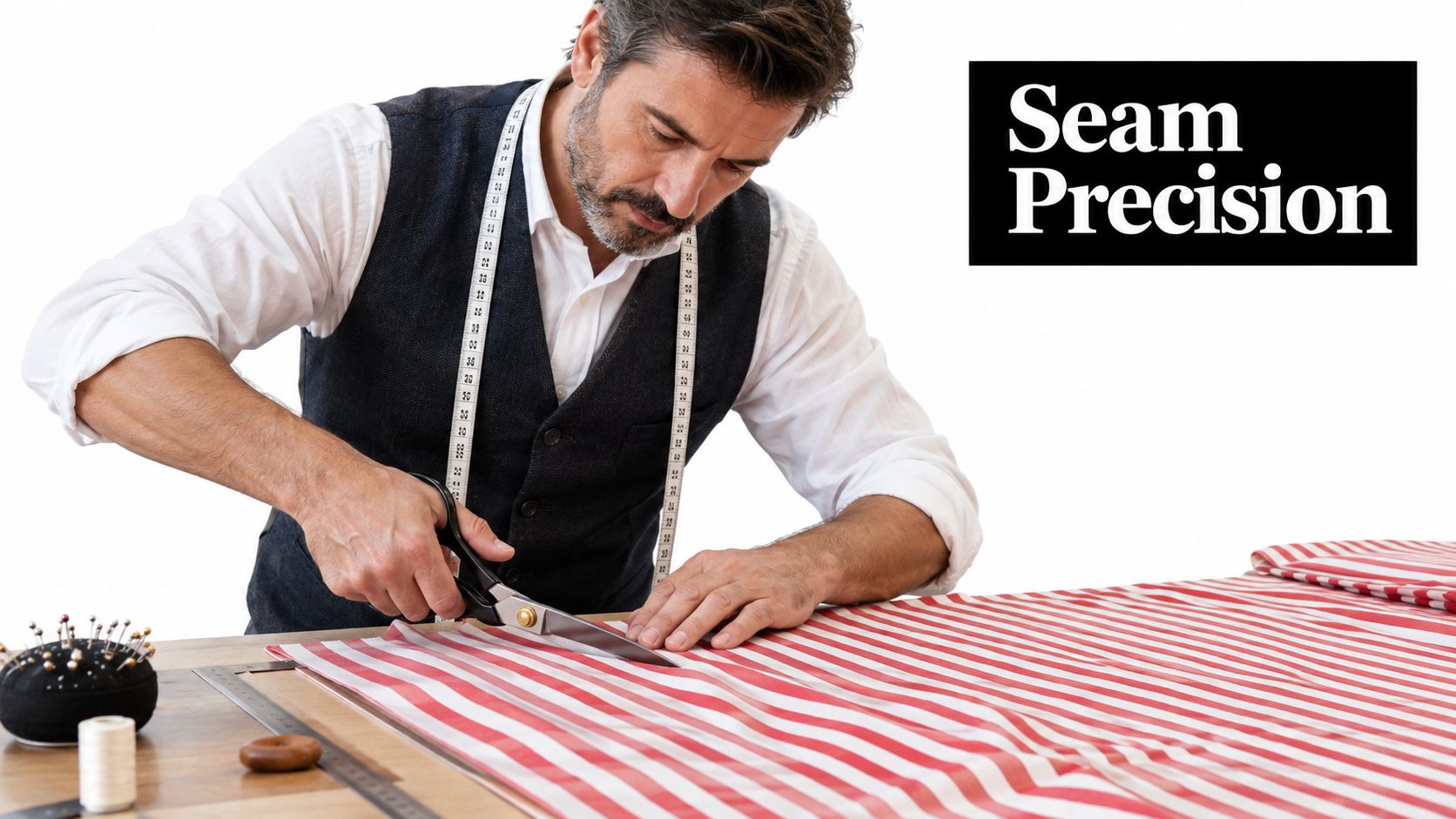 A professional tailor in a vest meticulously cuts red and white striped fabric with sharp scissors.