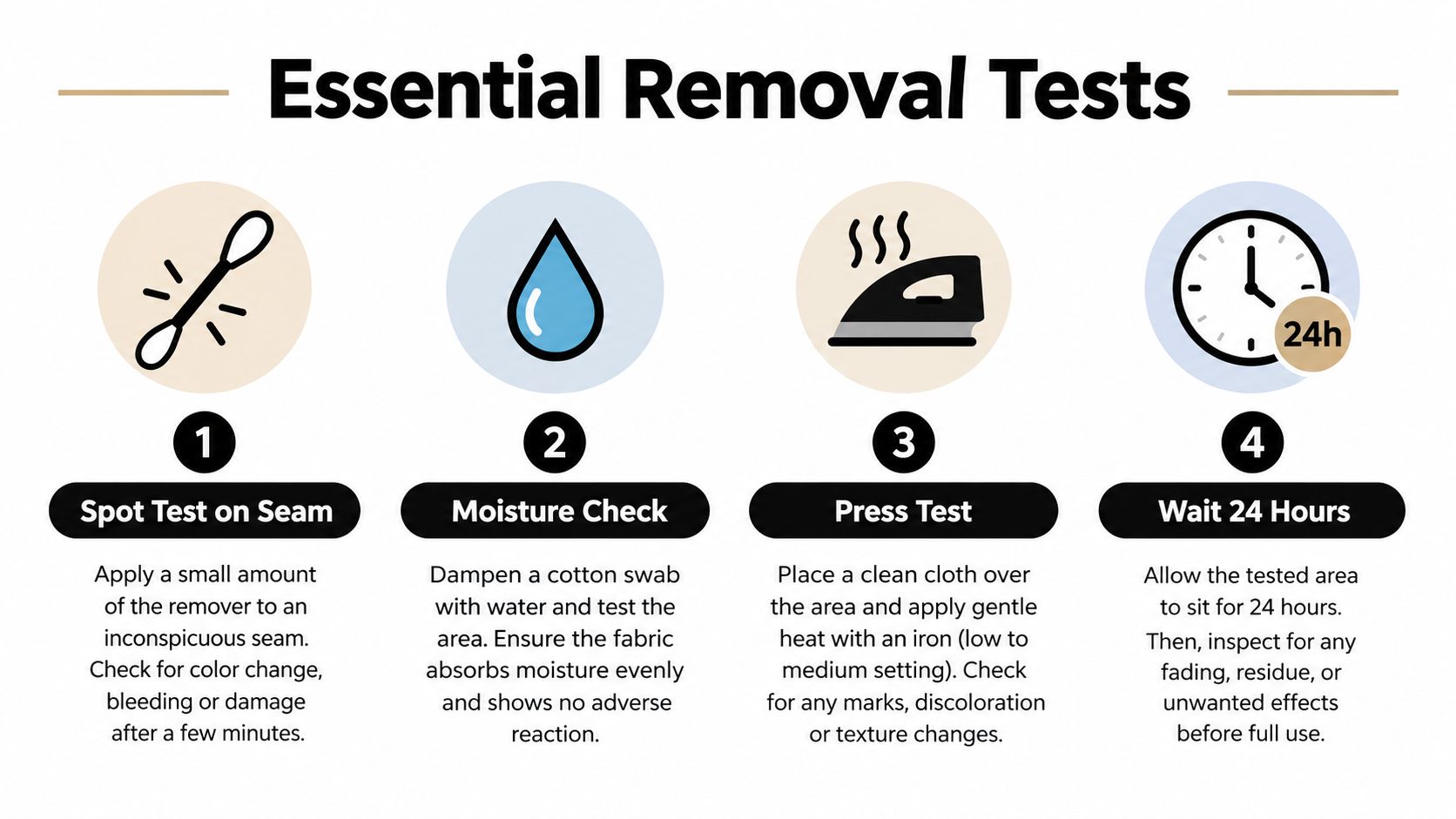 A four-step infographic illustrating essential removal tests for fabrics, including spot tests, moisture checks, and pressing.