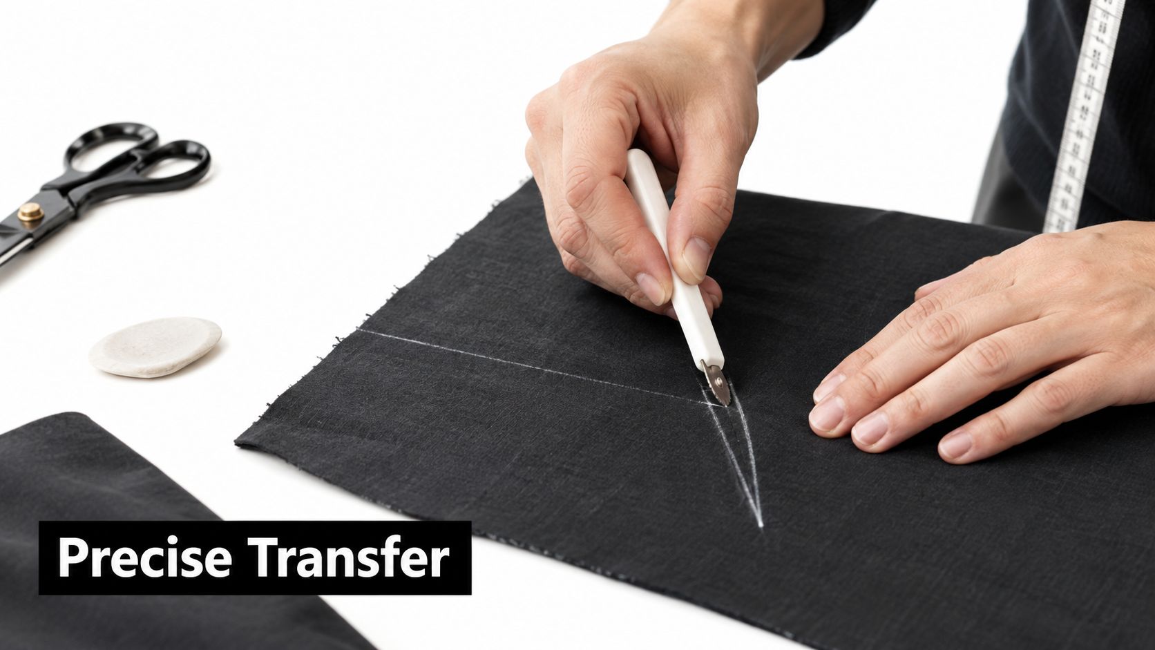 A tailor uses a serrated tracing wheel to mark precise stitching lines on black fabric.