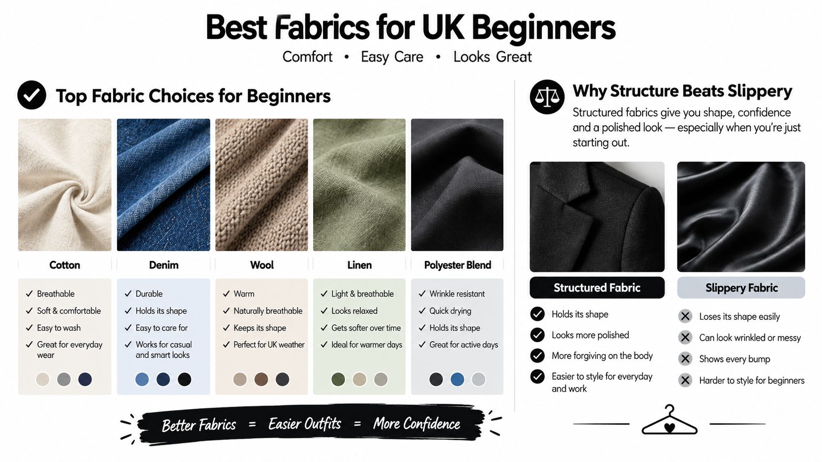 An infographic showing the best fabric choices for beginners in the UK, comparing structured and slippery fabrics.