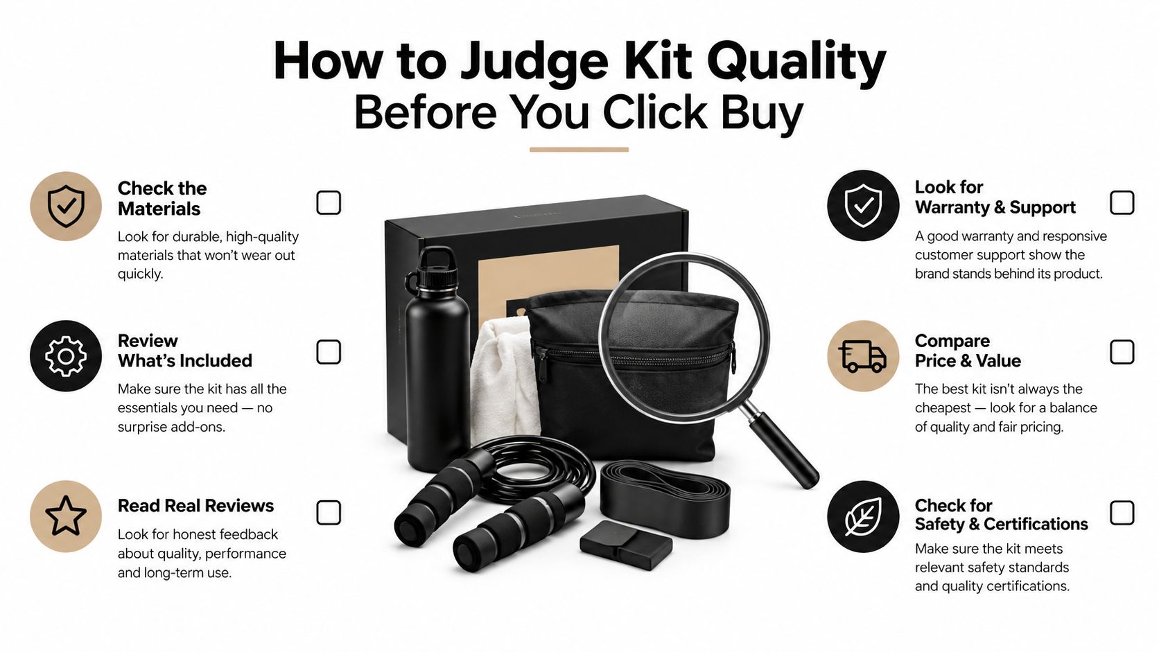 A checklist infographic titled How to Judge Kit Quality before purchasing fitness equipment or kits online.
