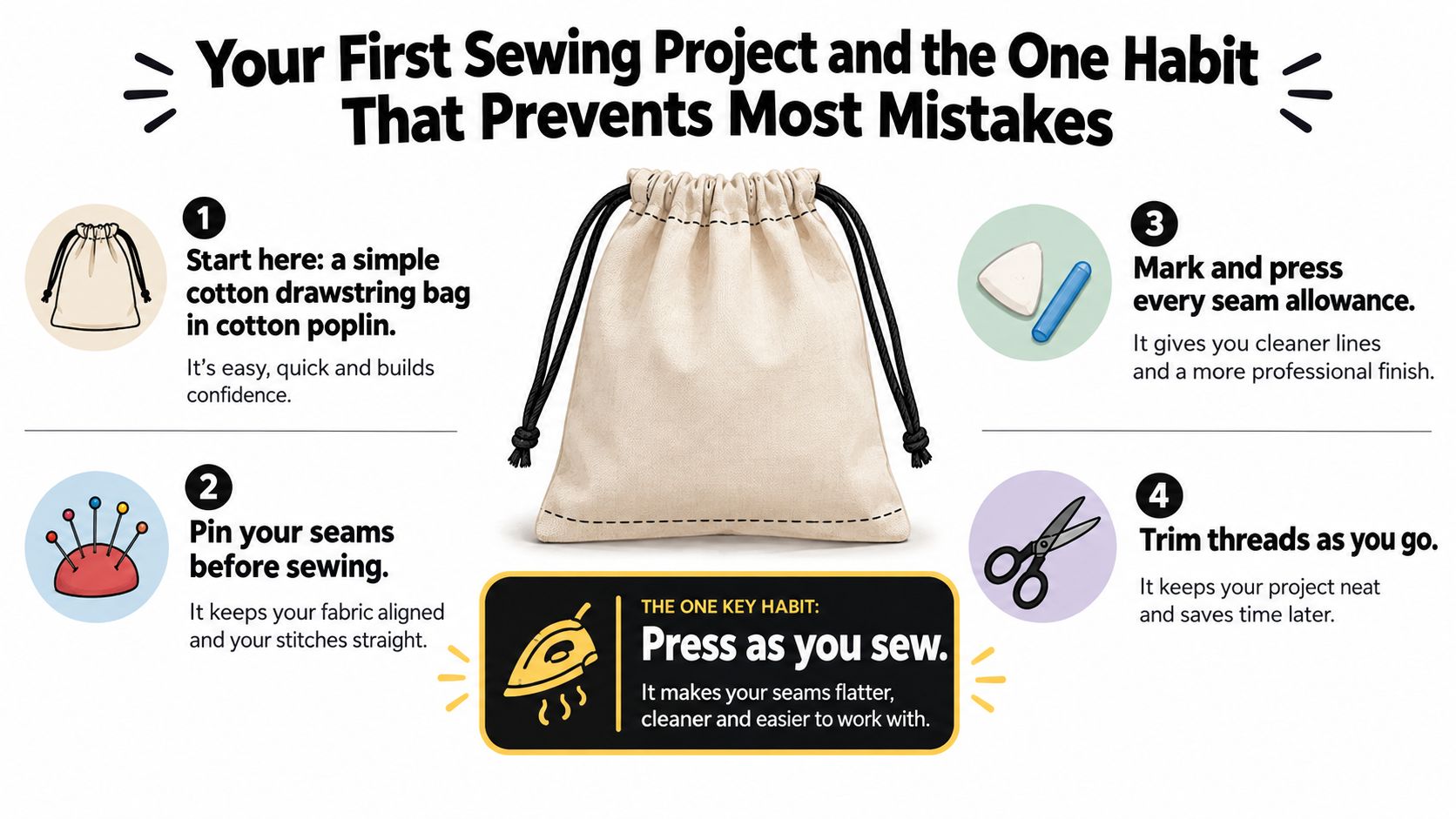 An infographic showing four steps for a beginner sewing project and the key habit of pressing seams.
