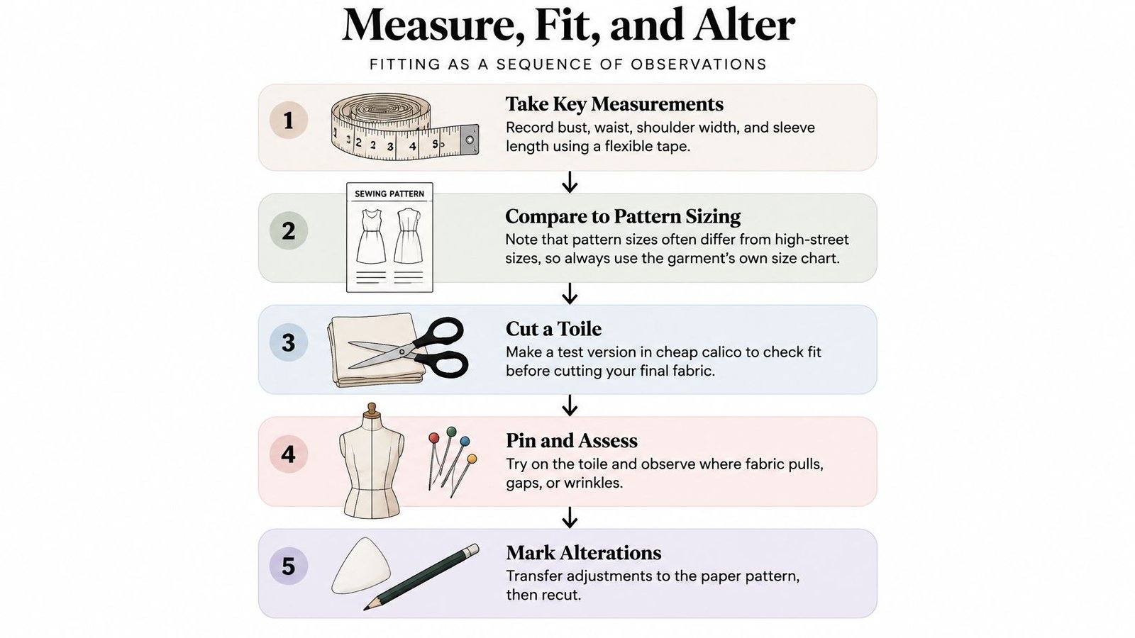 A step-by-step infographic titled Measure, Fit, and Alter explaining the process of fitting custom sewing patterns.