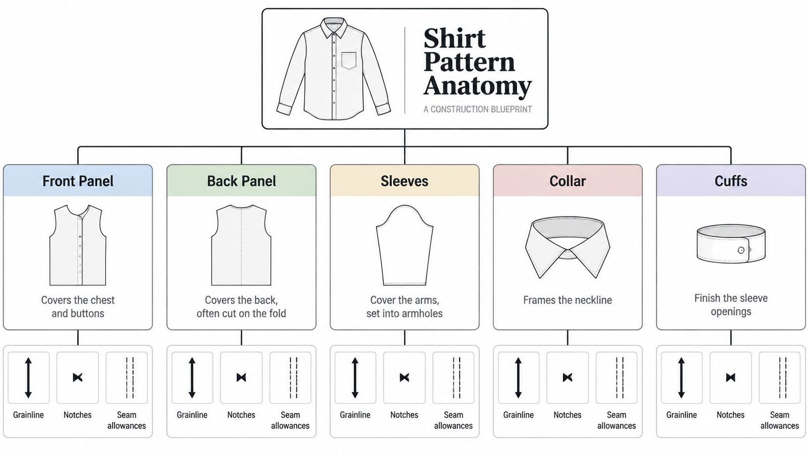 A diagram explaining shirt pattern anatomy, detailing parts like front, back, sleeves, collar, and cuffs.