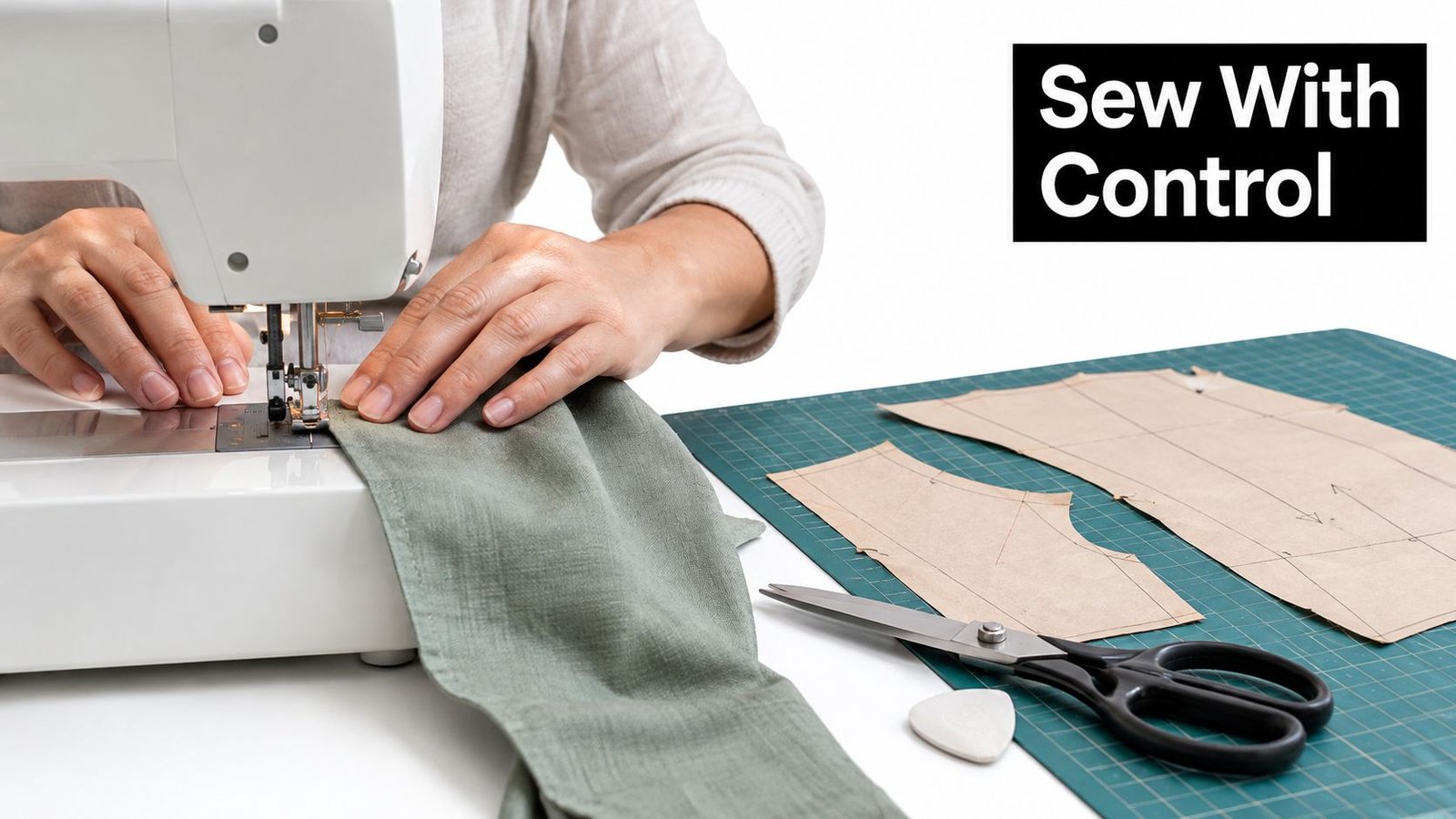 A person carefully sewing a green fabric piece with a sewing machine and paper patterns on a mat.