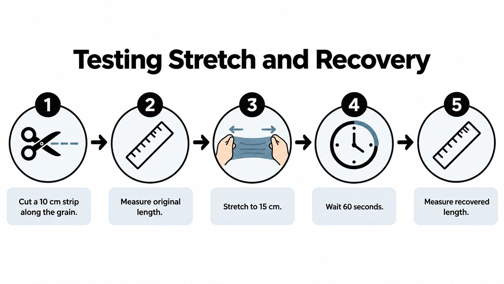An infographic showing a five-step process to test the stretch and recovery of fabric strips.
