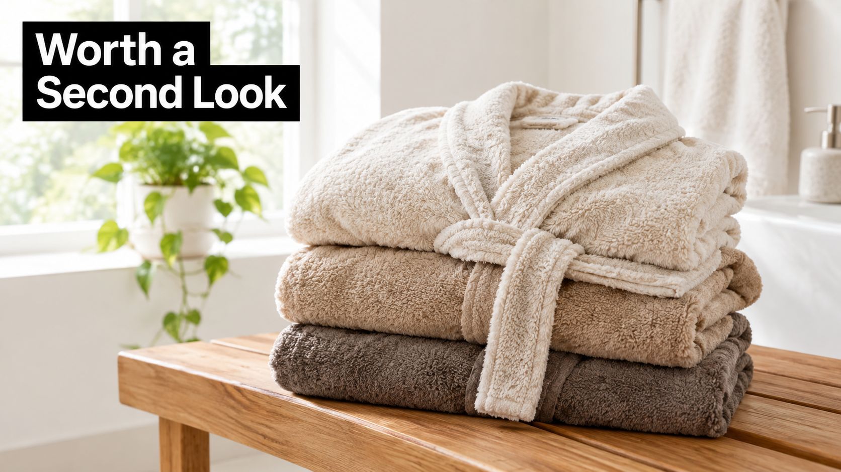A stack of three plush terry towelling fabric bathrobes in beige and brown colors on a wooden bench.