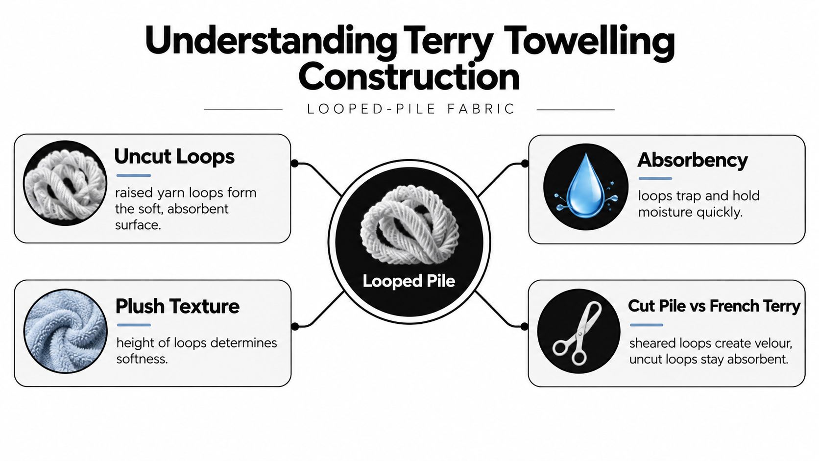 An infographic titled Understanding Terry Towelling Construction showing features like uncut loops, absorbency, plush texture, and pile variations.