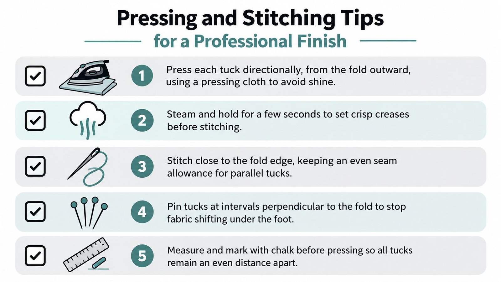 An infographic displaying five essential tips for pressing and stitching professional tucks in fabric clothing.
