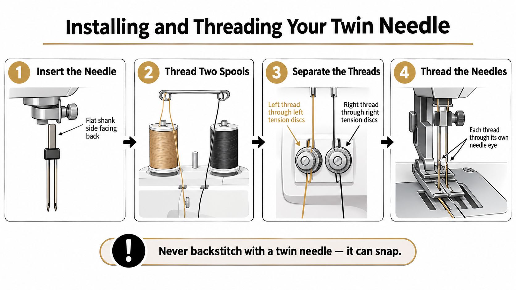 An infographic showing the four-step process for installing and threading a twin needle on a sewing machine.