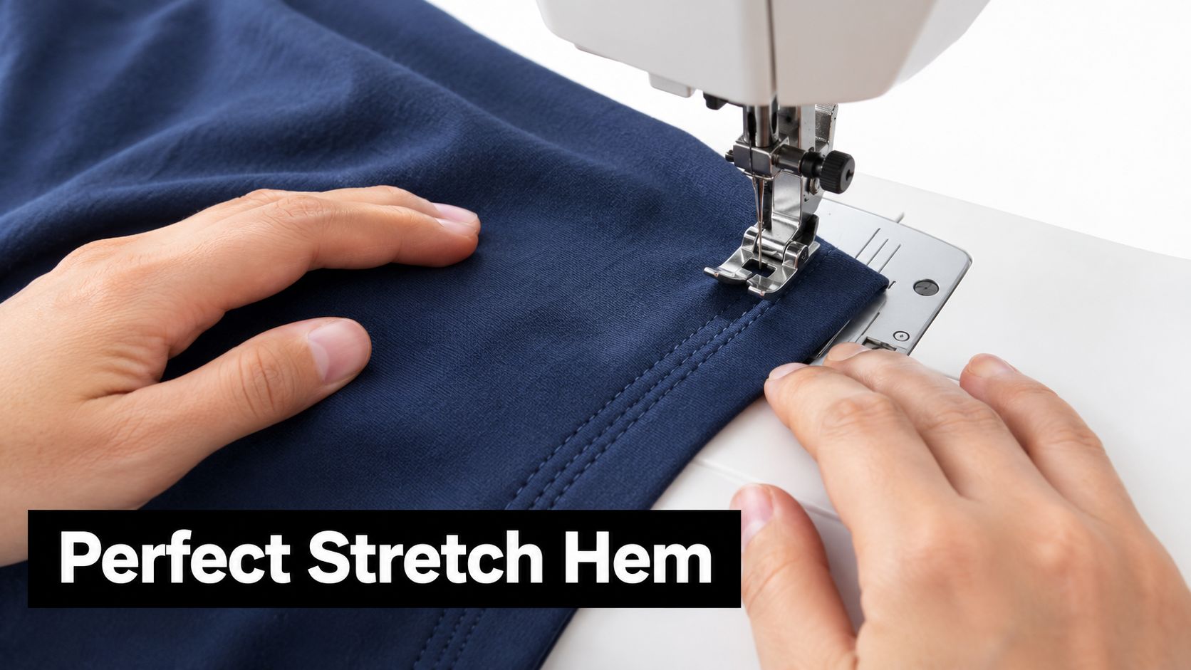 A close-up of a twin needle sewing machine creating a professional stretch hem on blue fabric.
