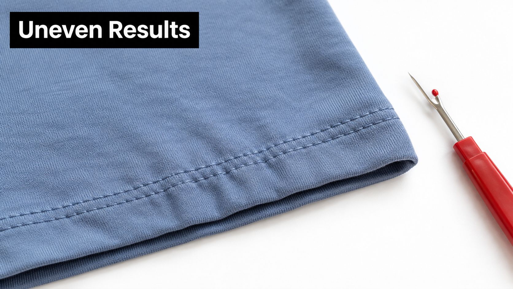 A close-up of a blue t-shirt hem with uneven twin needle stitching next to a seam ripper.