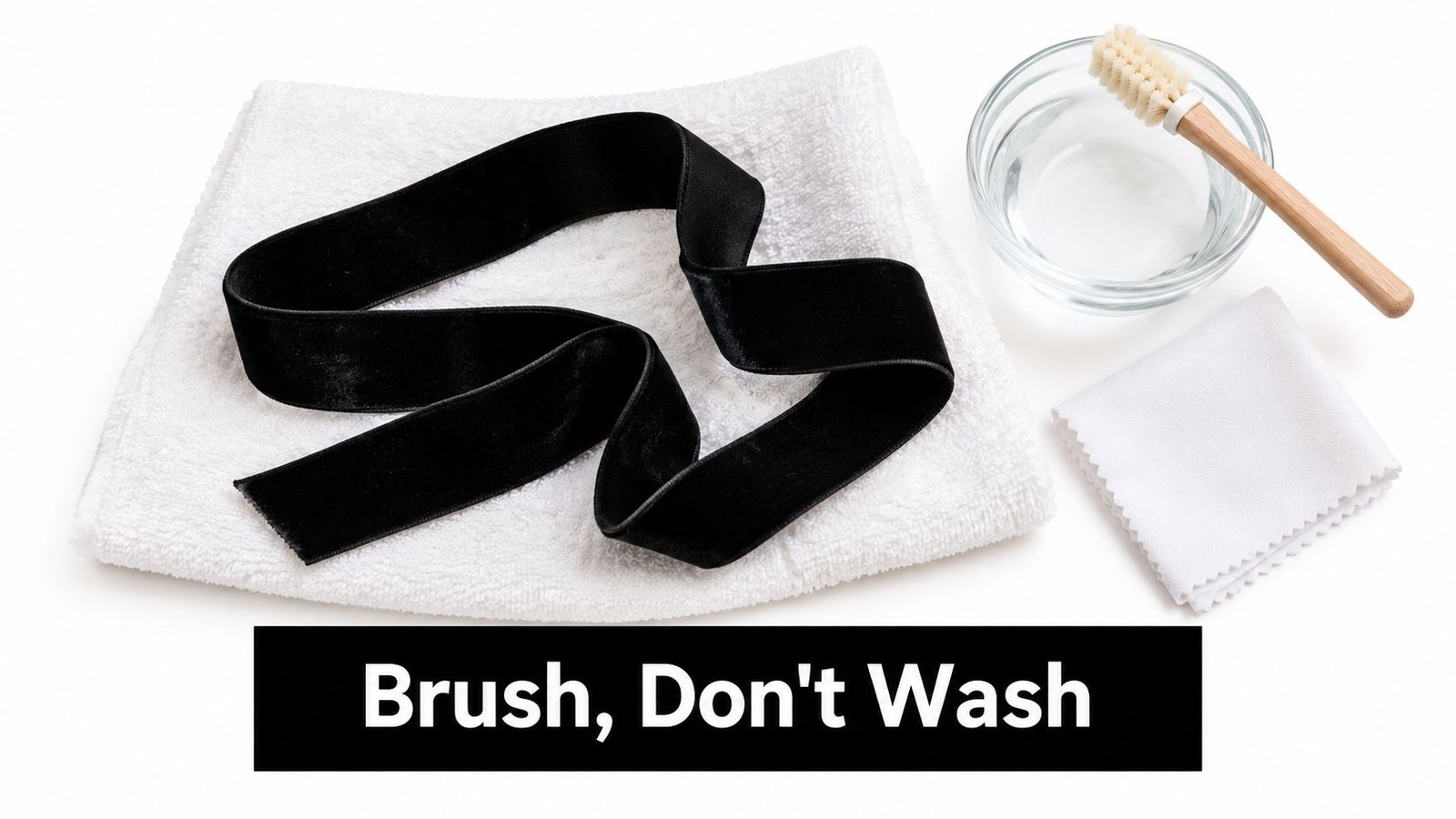 A black velvet ribbon placed on a white towel, next to a small bowl of water and brush.