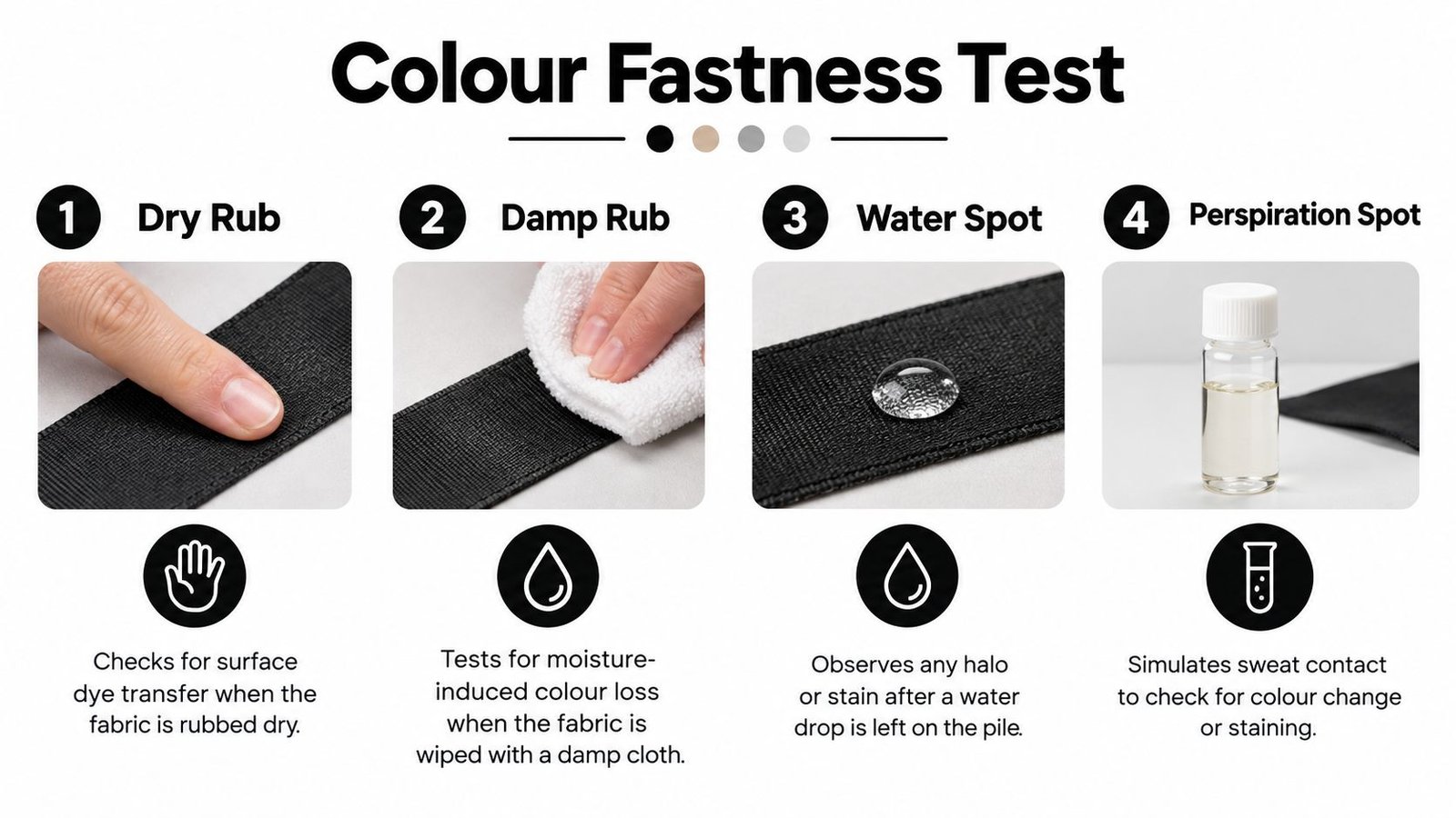 A four-step infographic illustrating methods to test the color fastness of a black velvet ribbon fabric.
