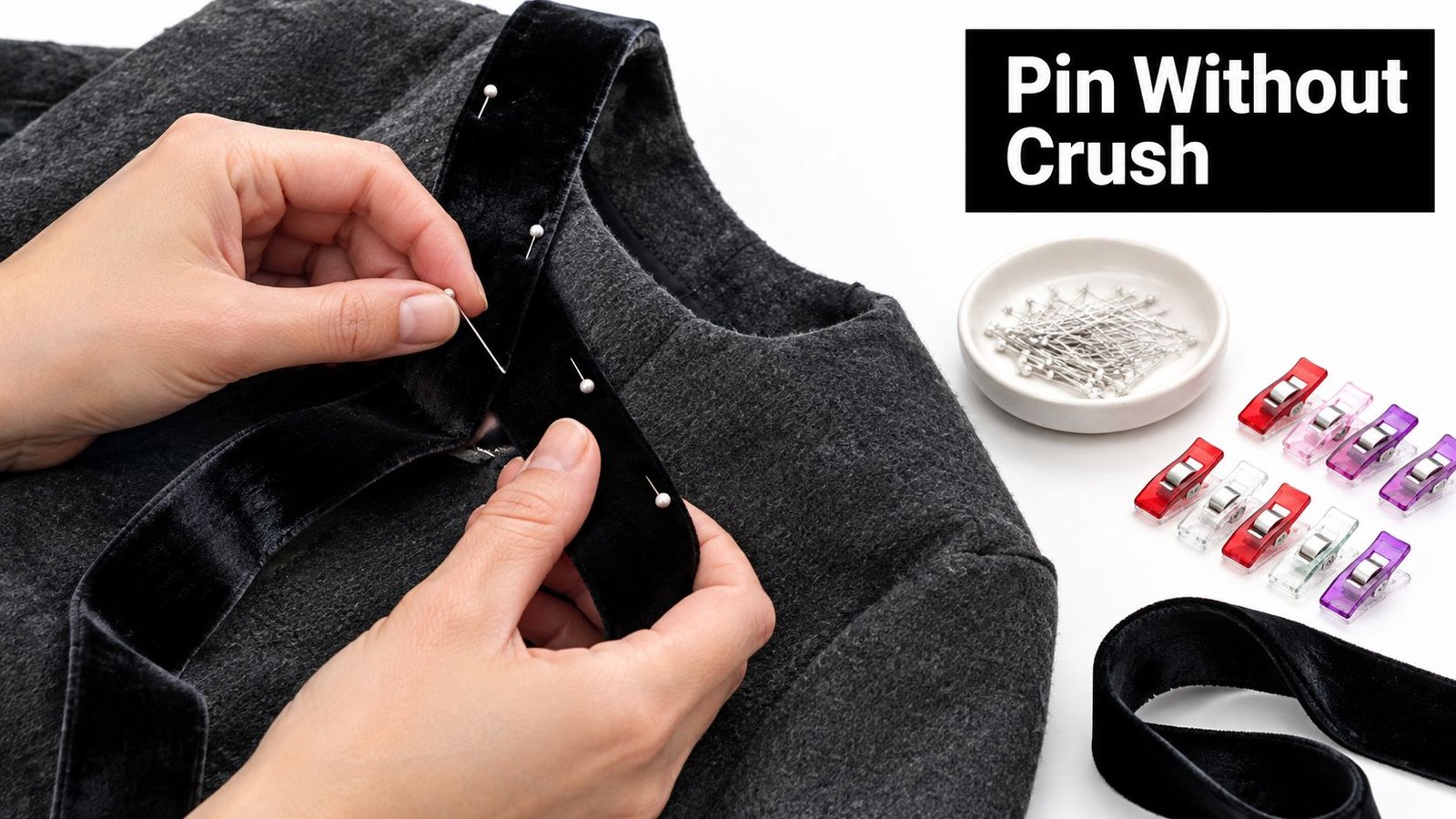 Hands pinning a black velvet ribbon to a dark grey garment for a sewing project