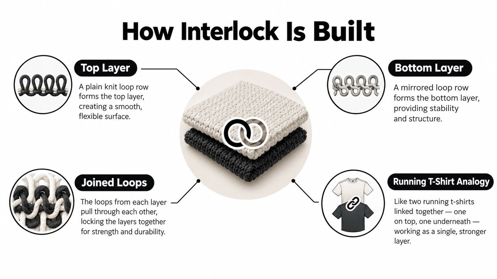 An infographic explaining how interlock fabric is constructed with layers, loops, and a t-shirt analogy.