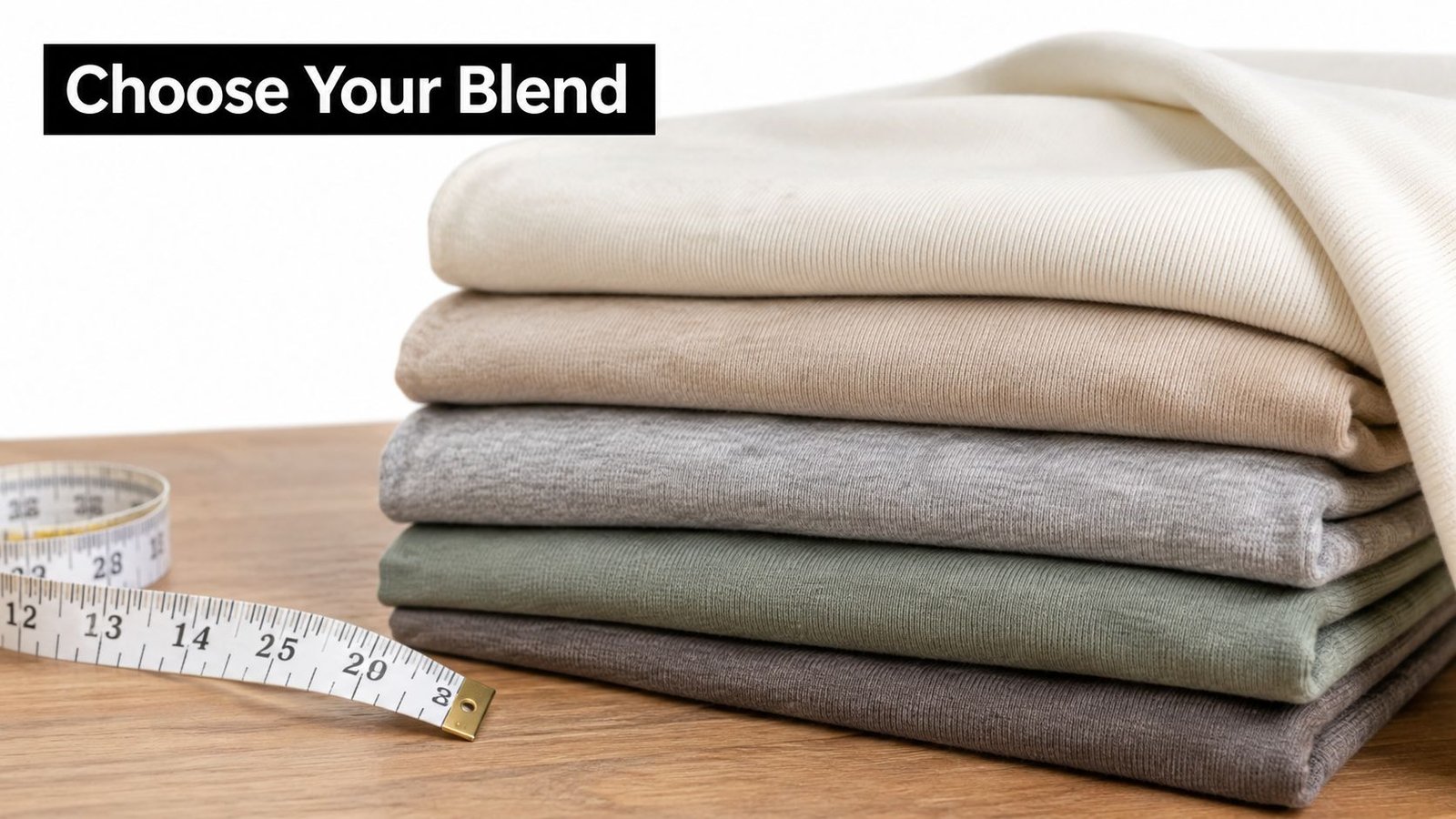 A stack of folded interlock fabric in neutral colors beside a measuring tape on a wooden table.