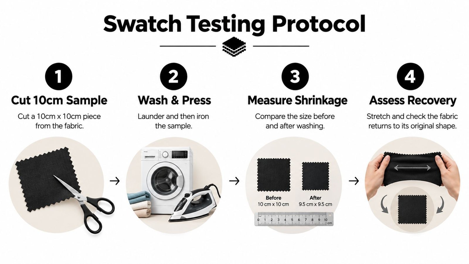 A four-step infographic illustrating a swatch testing protocol for fabric, involving cutting, washing, measuring, and stretching.